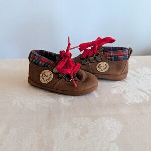 VTG 80s Dyna Kids Brown Baby Shoes Size 2 Red Laces Tartan Plaid Preppy Classic